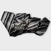 Black White Stripe Silk Tie Pocket Square Cufflink Set