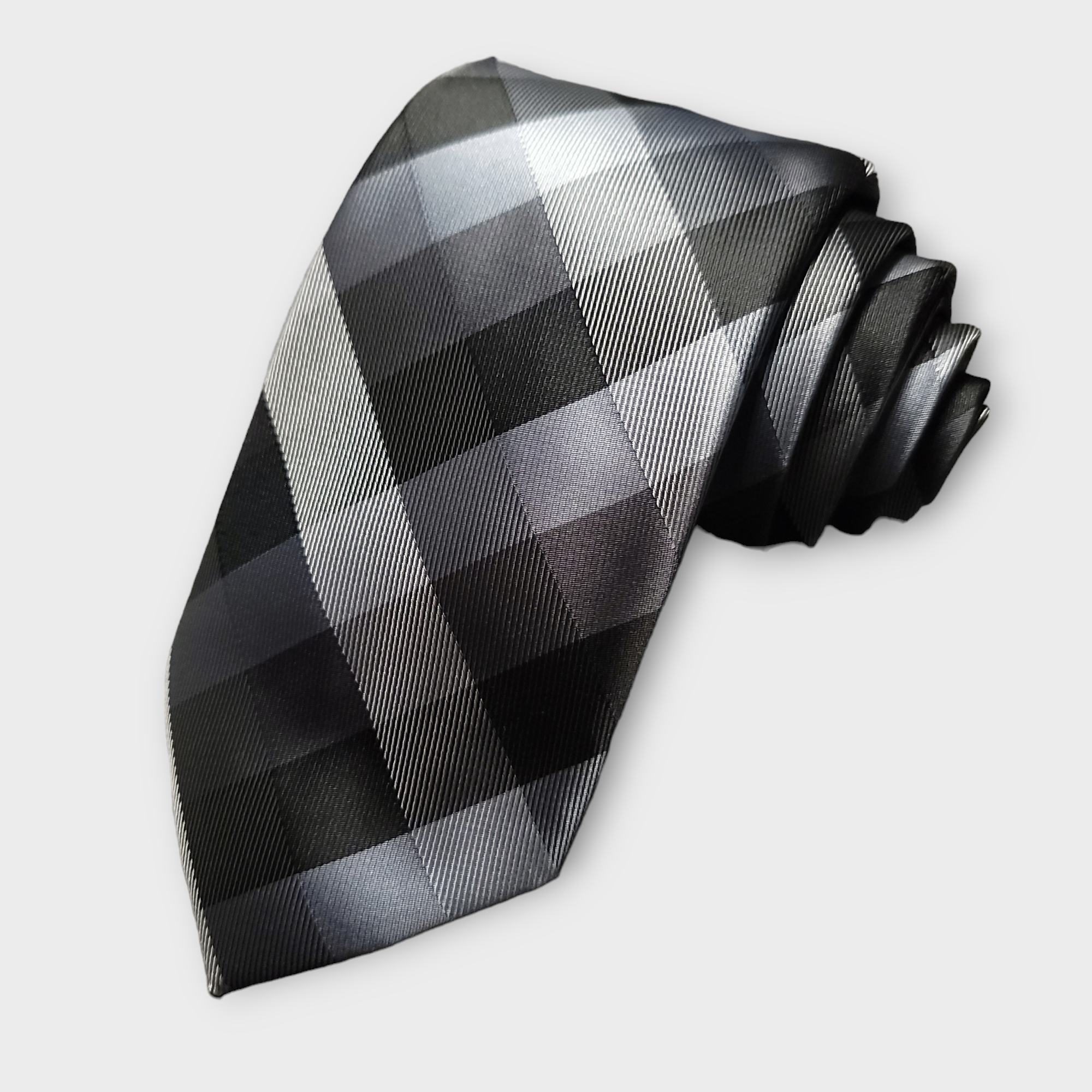 Black Gray Plaid Silk Tie