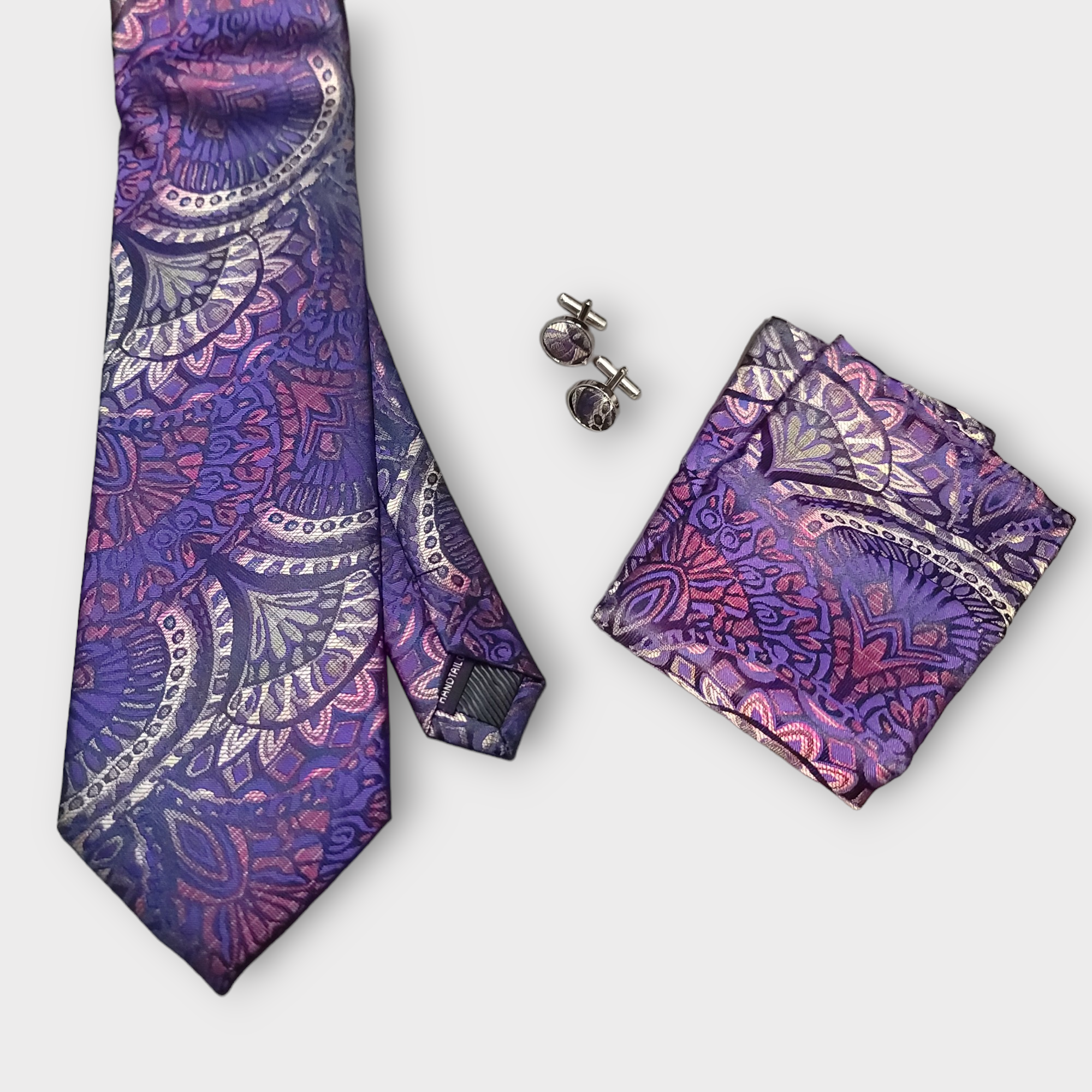 Purple Pink Yellow Floral Silk Tie Pocket Square Cufflink Set