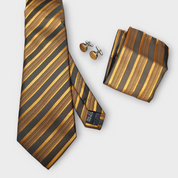 Black Gold Stripe Silk Tie Pocket Square Cufflink Set