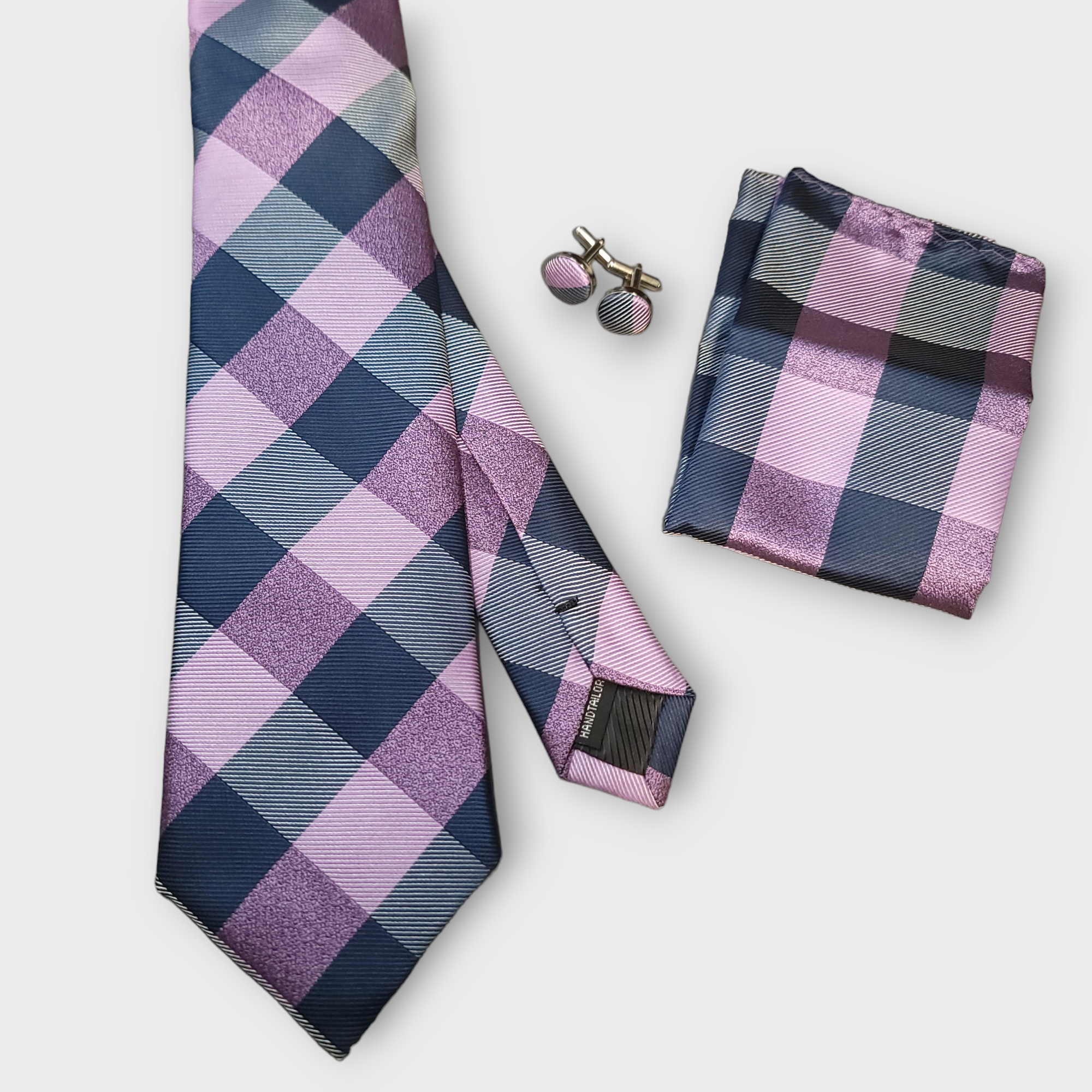 Lavender Navy Blue Plaid Silk Tie Pocket Square Cufflink Set