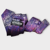 Purple Pink Yellow Floral Silk Tie Pocket Square Cufflink Set