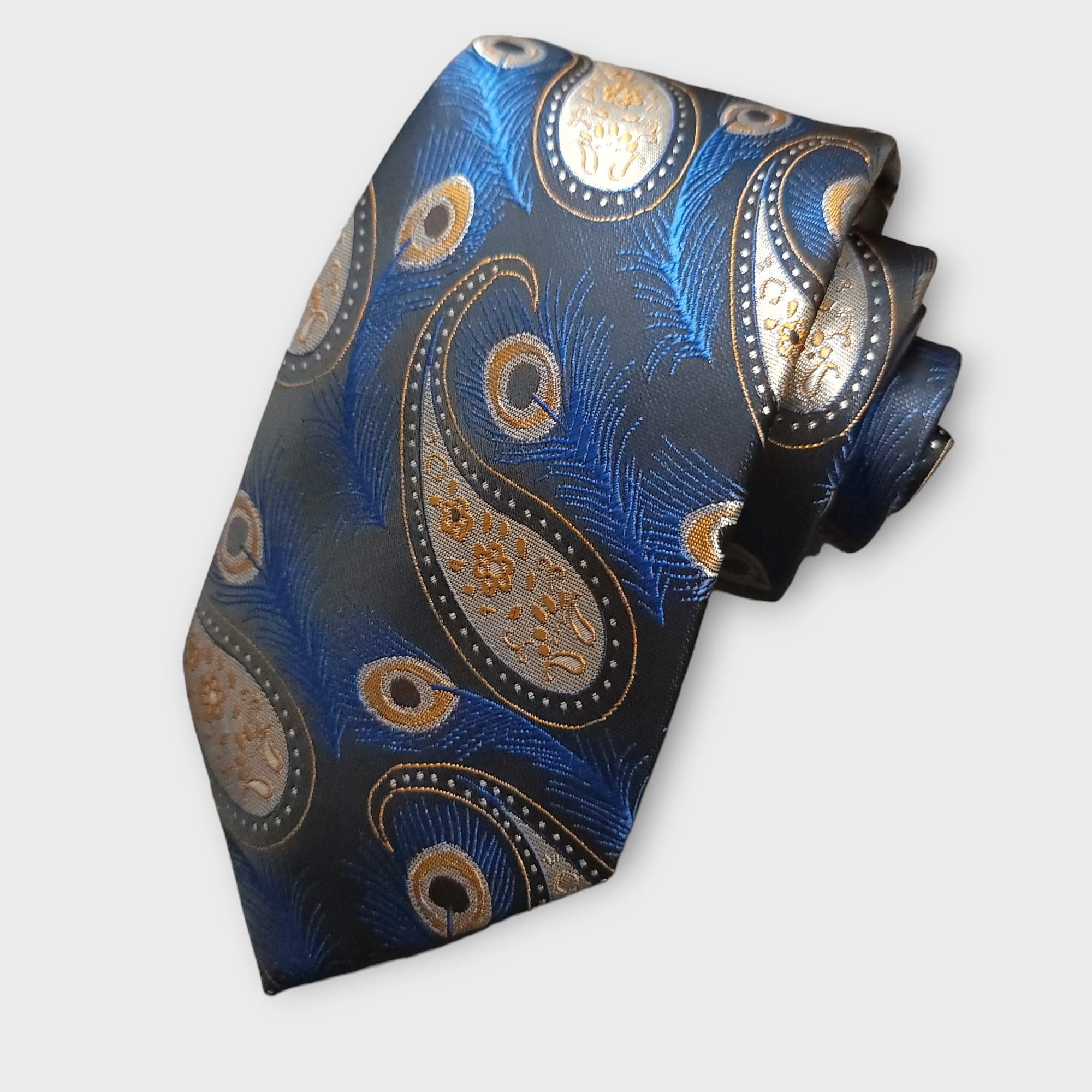 Black Royal Blue Peacock Feather Silk Tie Pocket Square Cufflink Set