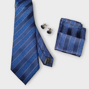 Navy Blue Striped Silk Tie Pocket Square Cufflink Set