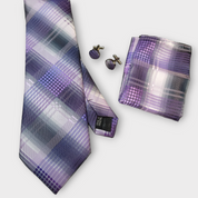 Purple Plaid Silk Tie Pocket Square Cufflink Set