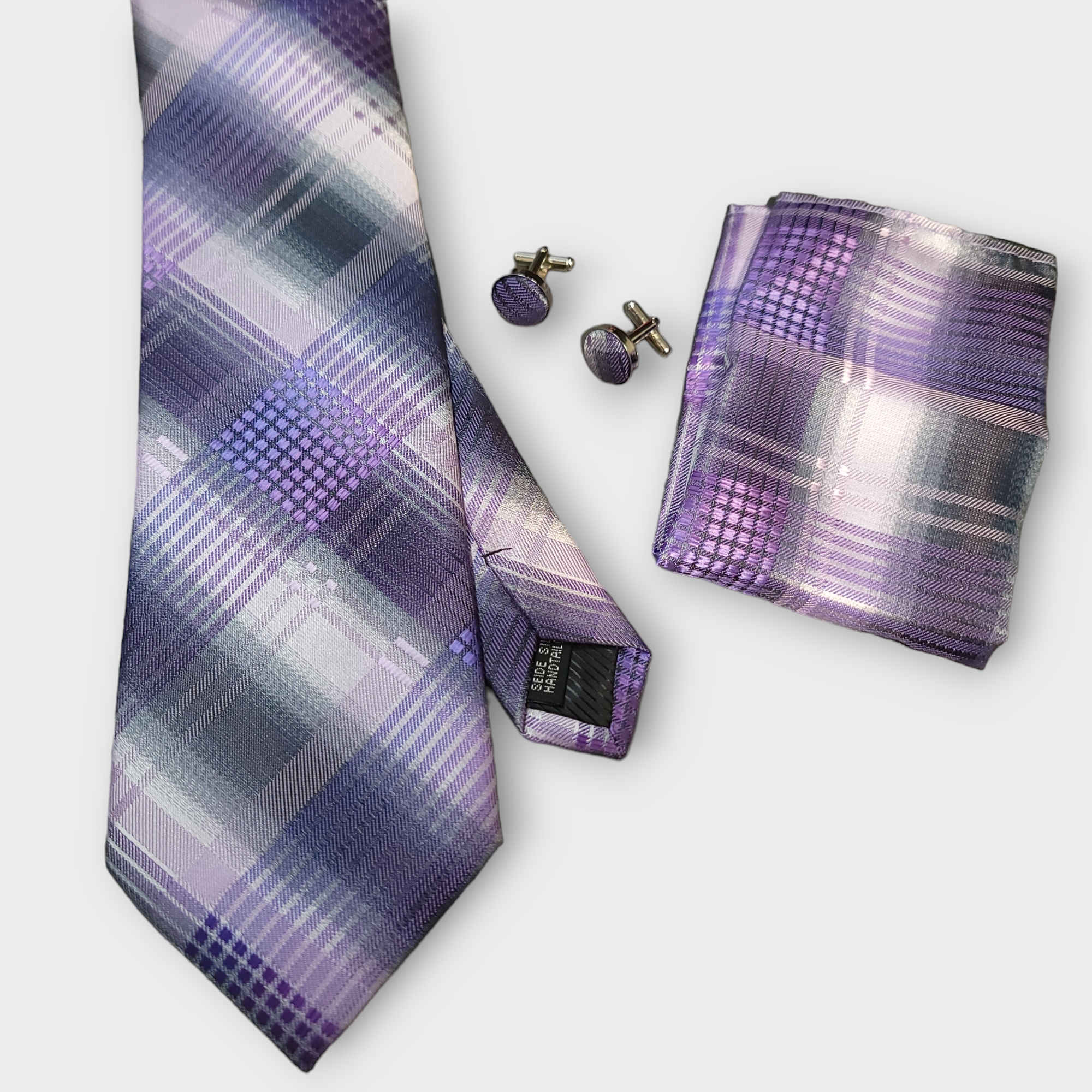 Purple Plaid Silk Tie Pocket Square Cufflink Set