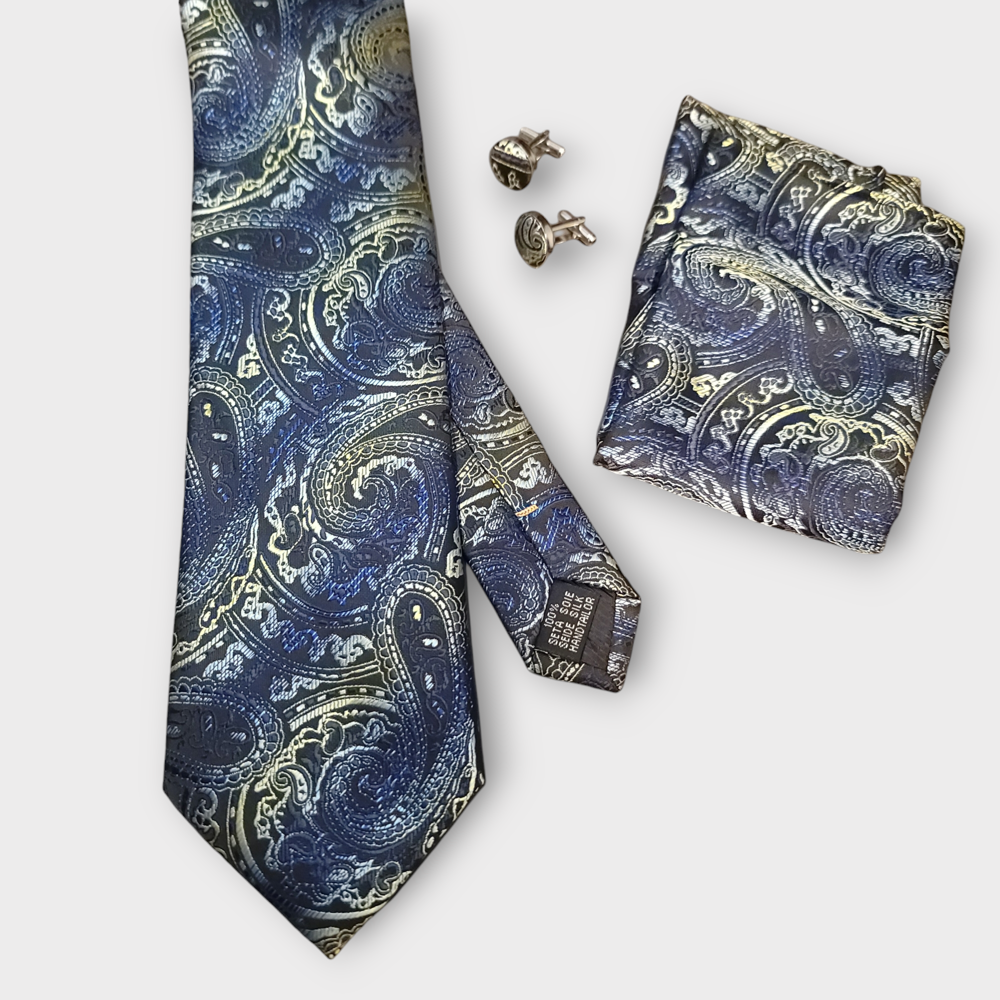 Classic Blue Black Yellow Paisley Silk Tie Pocket Square Cufflink Set