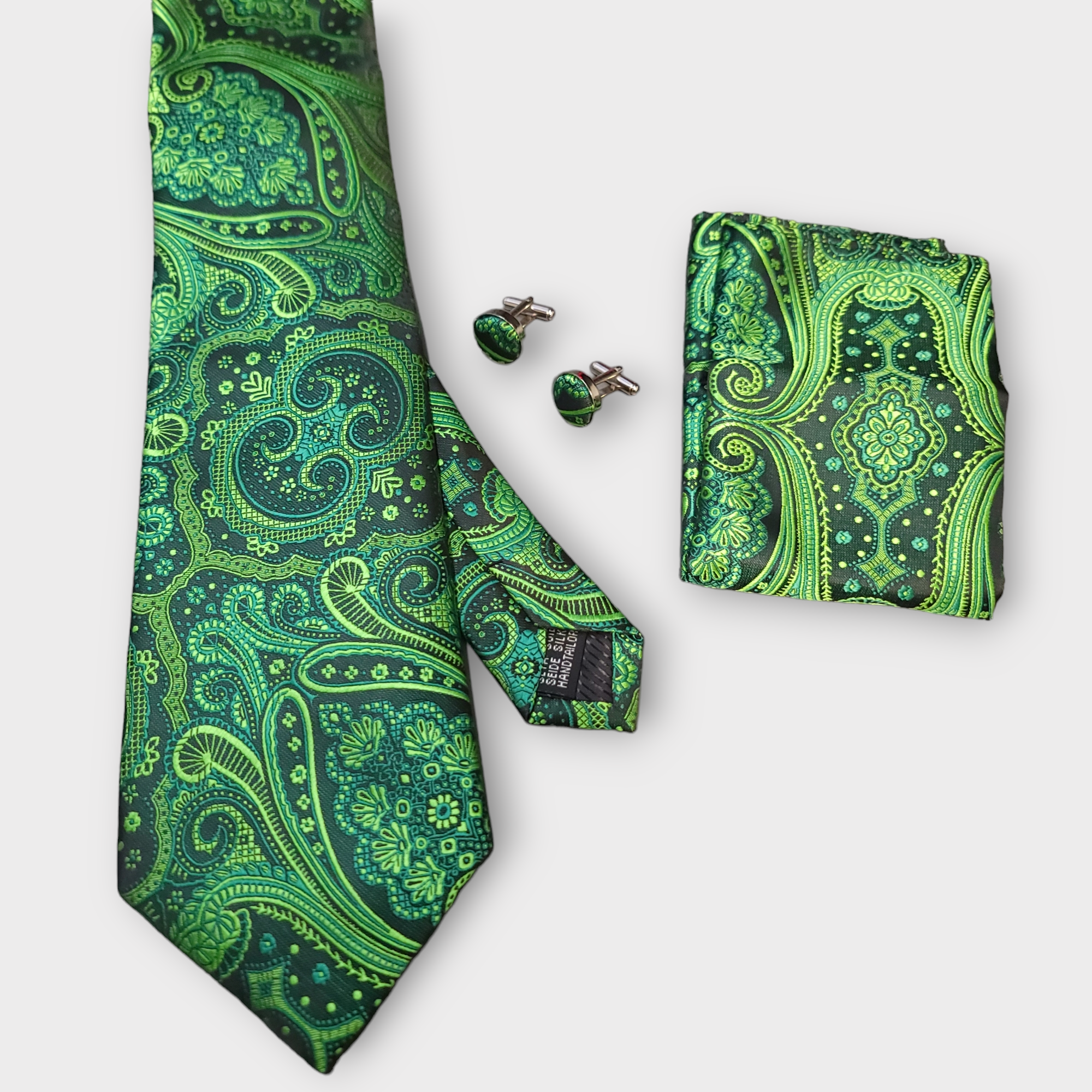 Green Black Silk Tie Pocket Square Cufflink Set