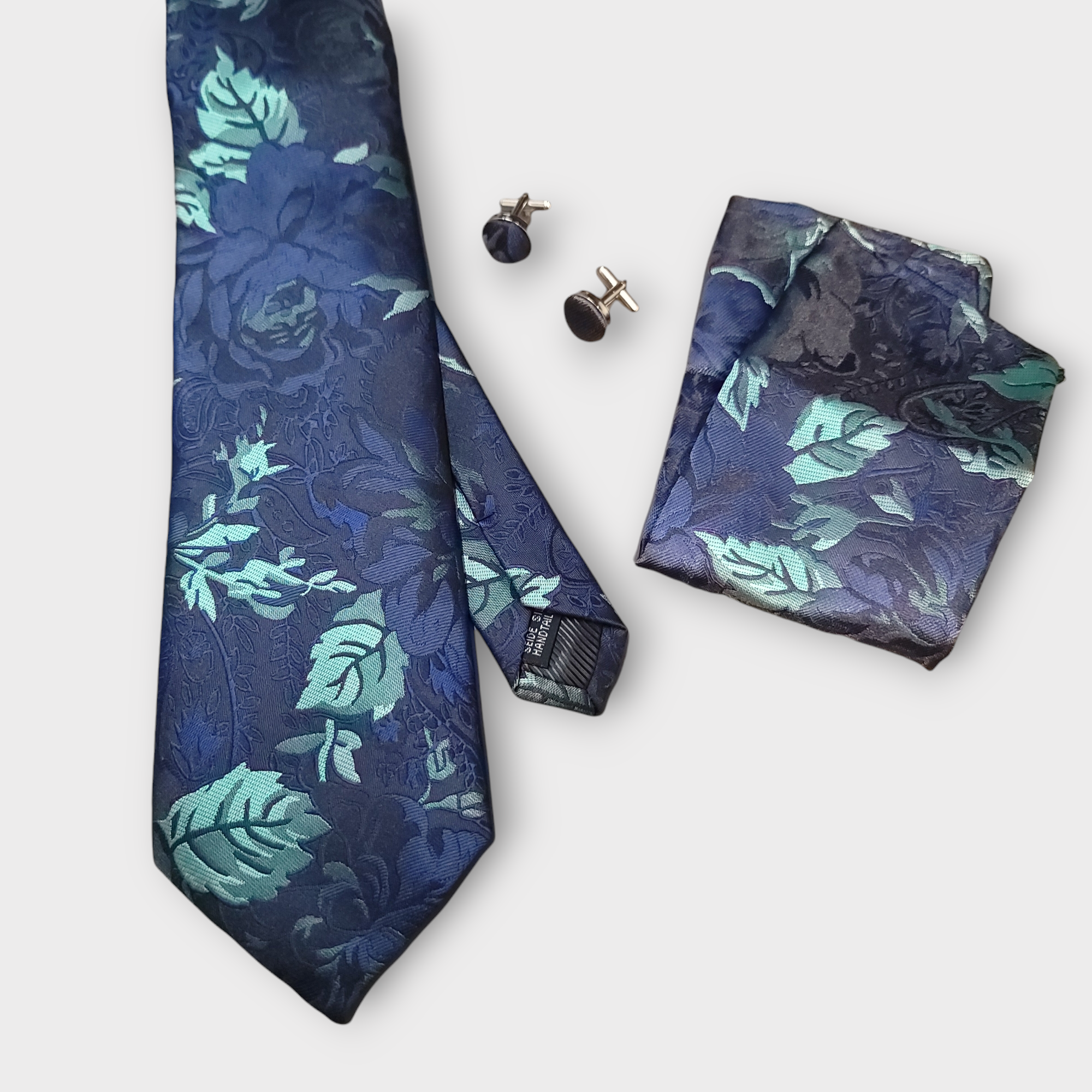 Navy Blue Teal Floral Silk Tie Pocket Square Cufflink Set