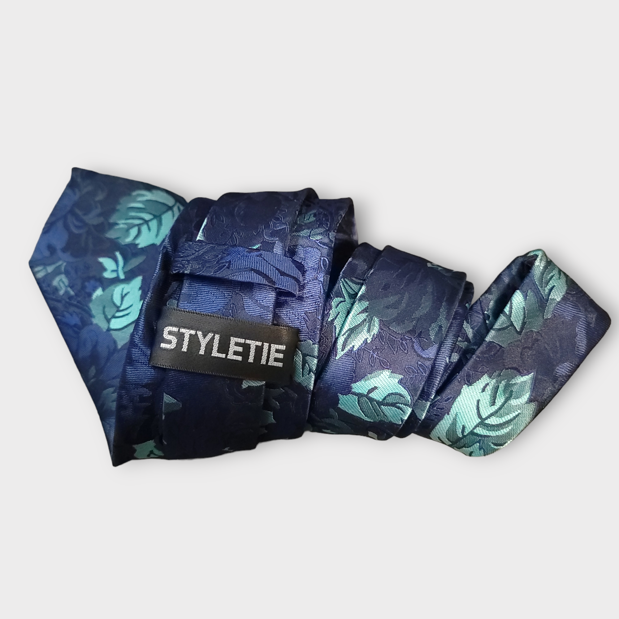 Navy Blue Teal Floral Silk Tie Pocket Square Cufflink Set