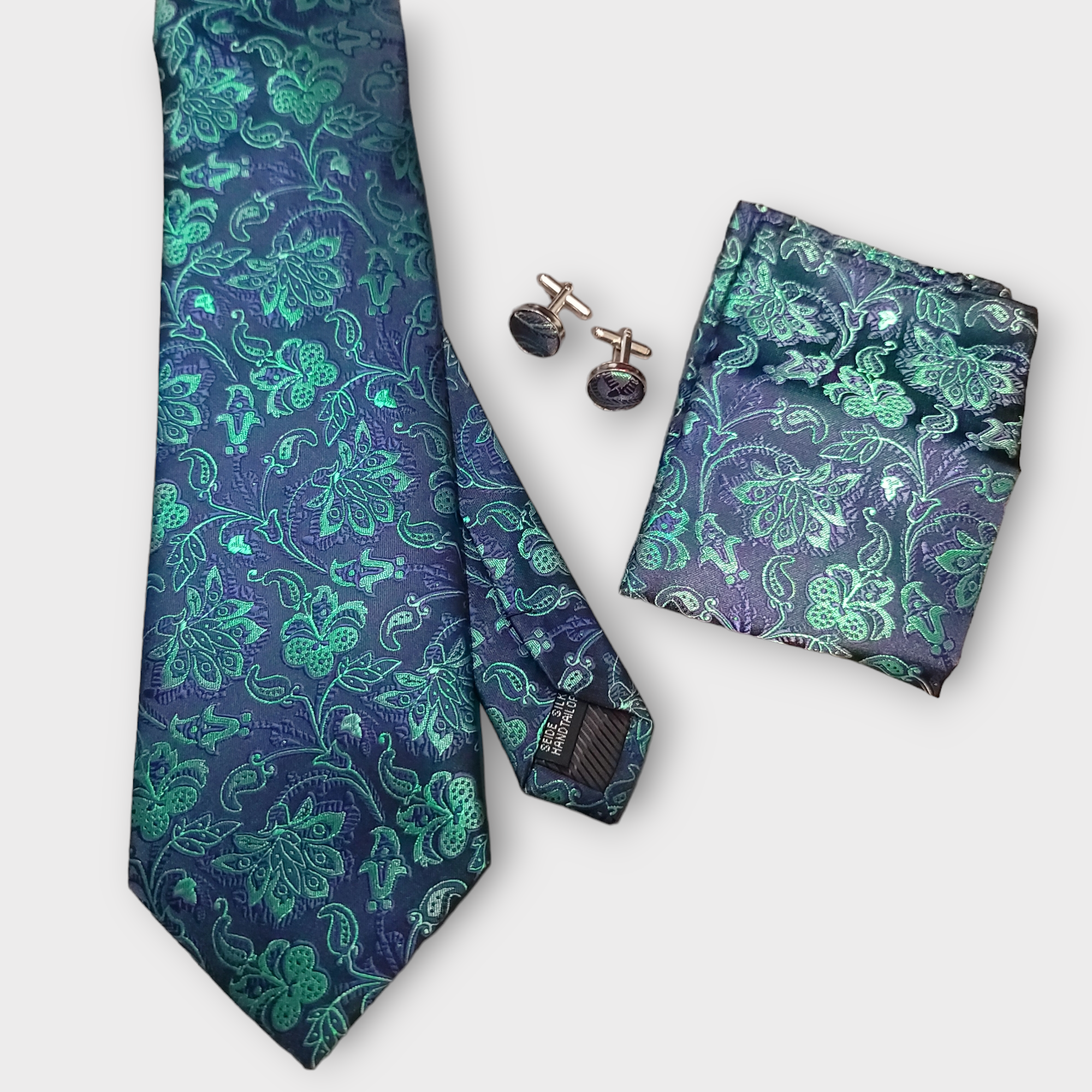 Navy Blue Peacock Green Floral Silk Tie Pocket Square Cufflink Set