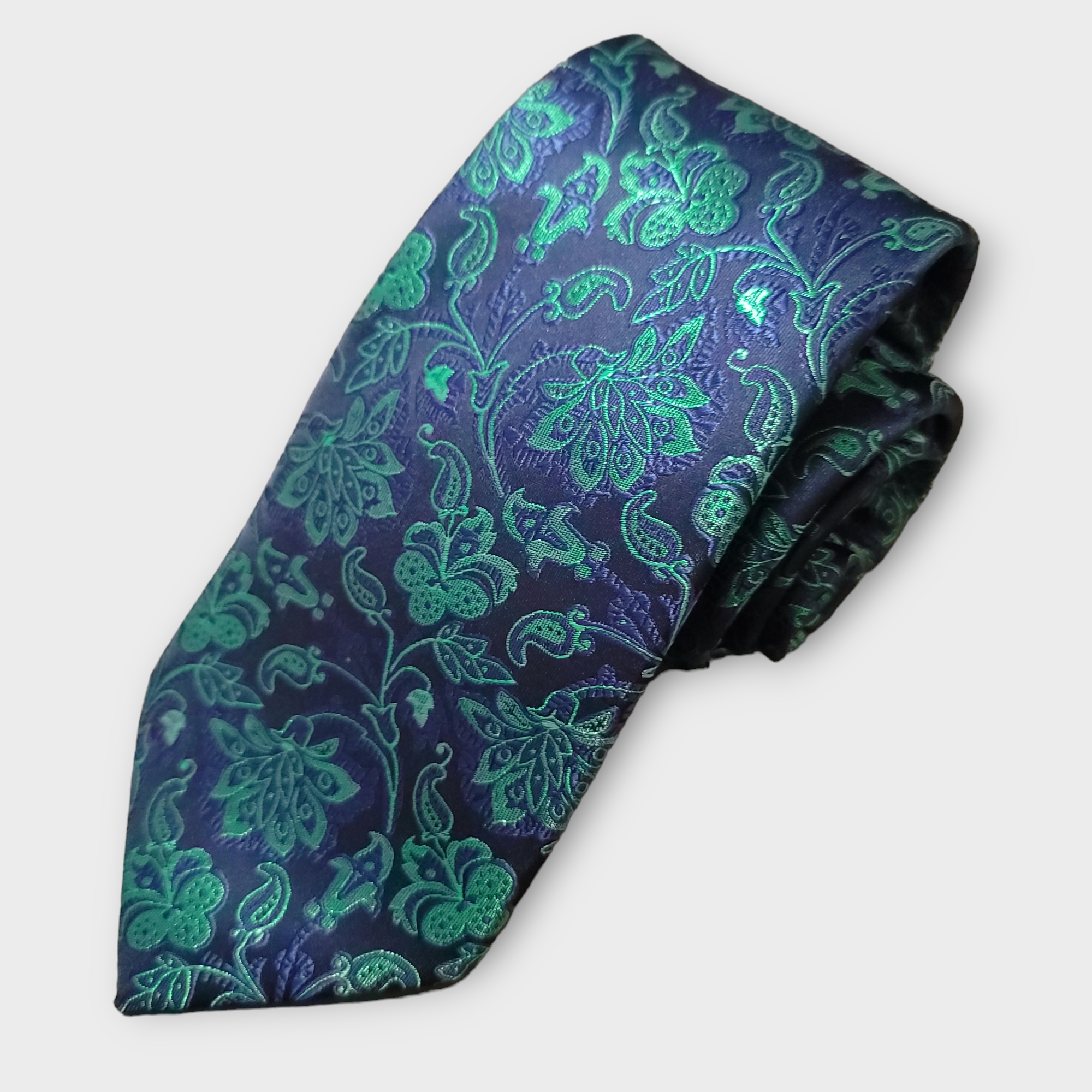 Navy Blue Peacock Green Floral Silk Tie Pocket Square Cufflink Set