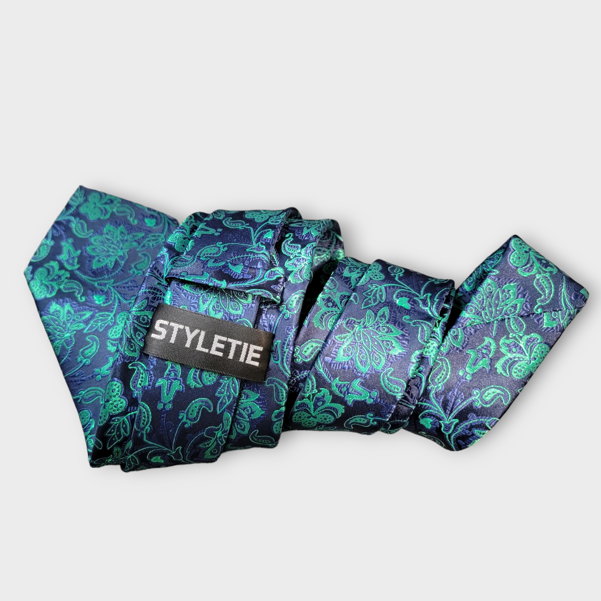 Navy Blue Peacock Green Floral Silk Tie Pocket Square Cufflink Set