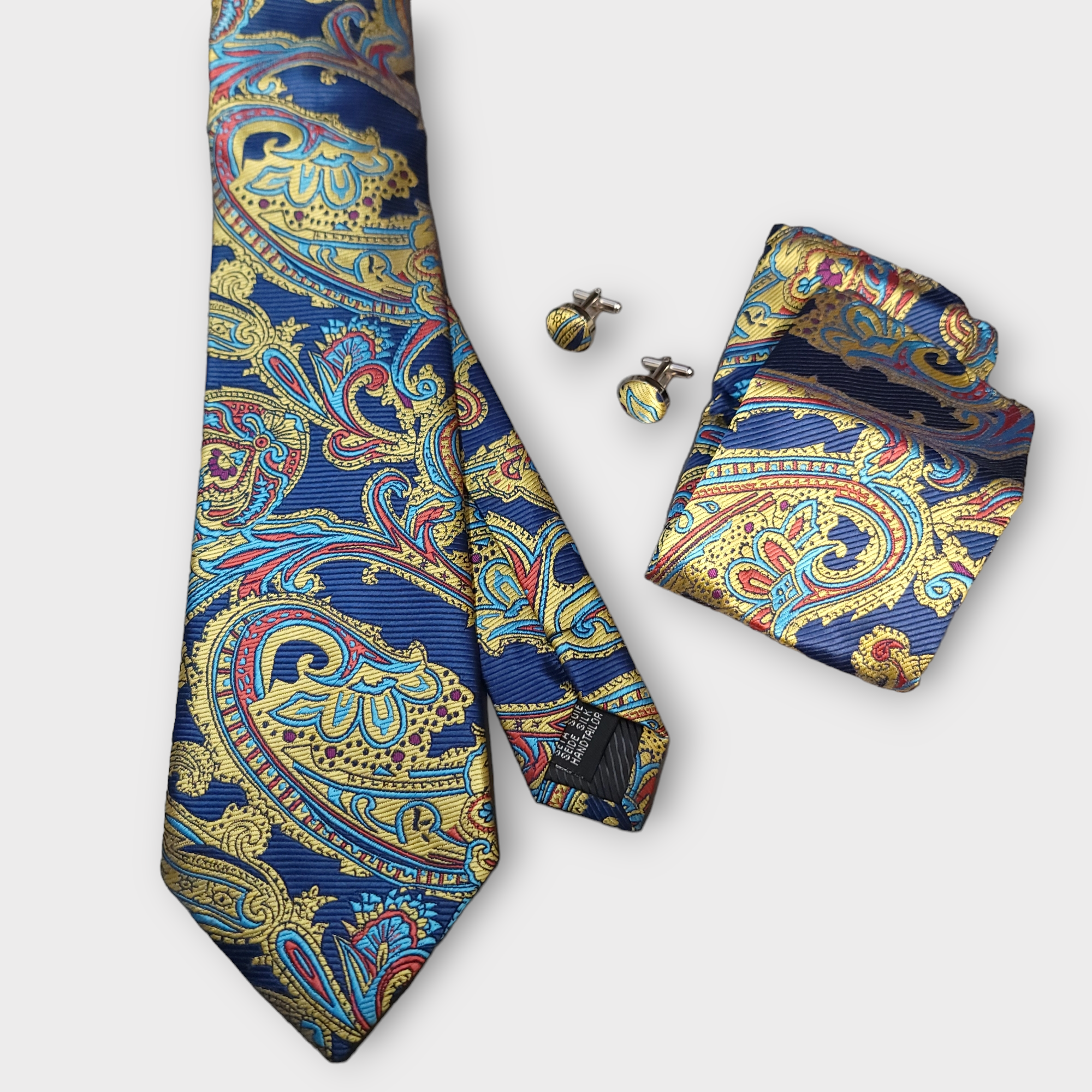 Yellow Blue Red Paisley Silk Tie Pocket Square Cufflink Set