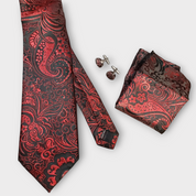 Red Black Silk Tie Flower Pocket Square Cufflink Set