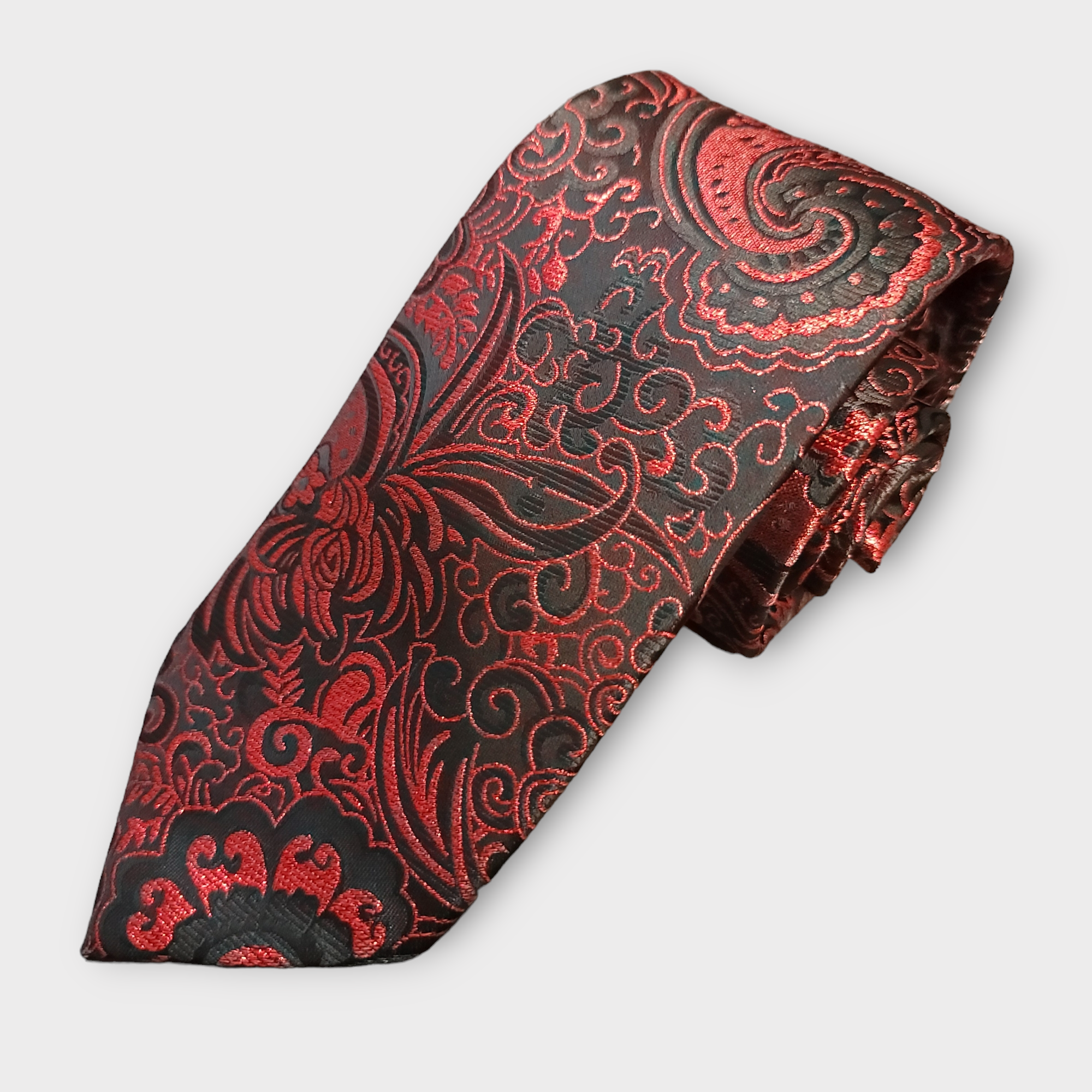 Red Black Silk Tie Flower Pocket Square Cufflink Set