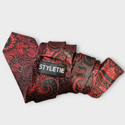 Red Black Silk Tie Flower Pocket Square Cufflink Set