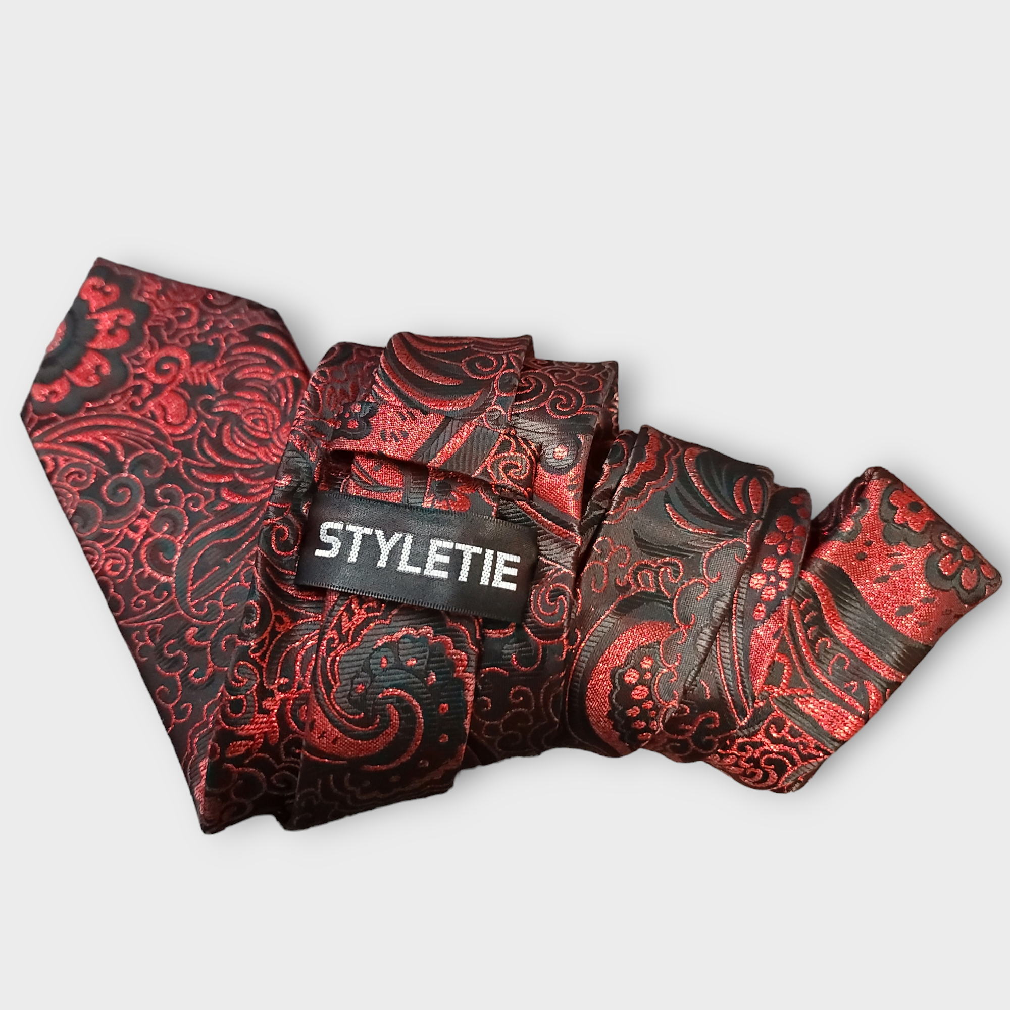 Red Black Silk Tie Flower Pocket Square Cufflink Set