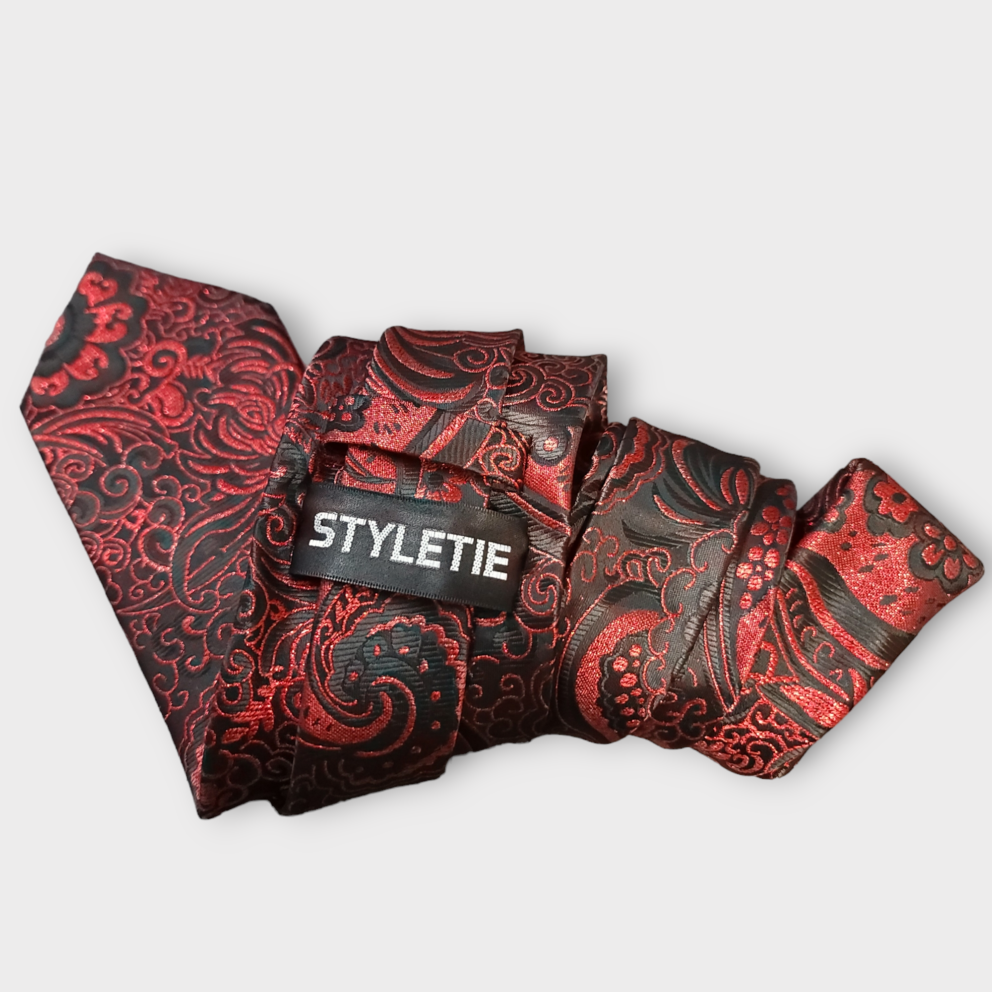 Red Black Floral Silk Tie Pocket Square Cufflink Set