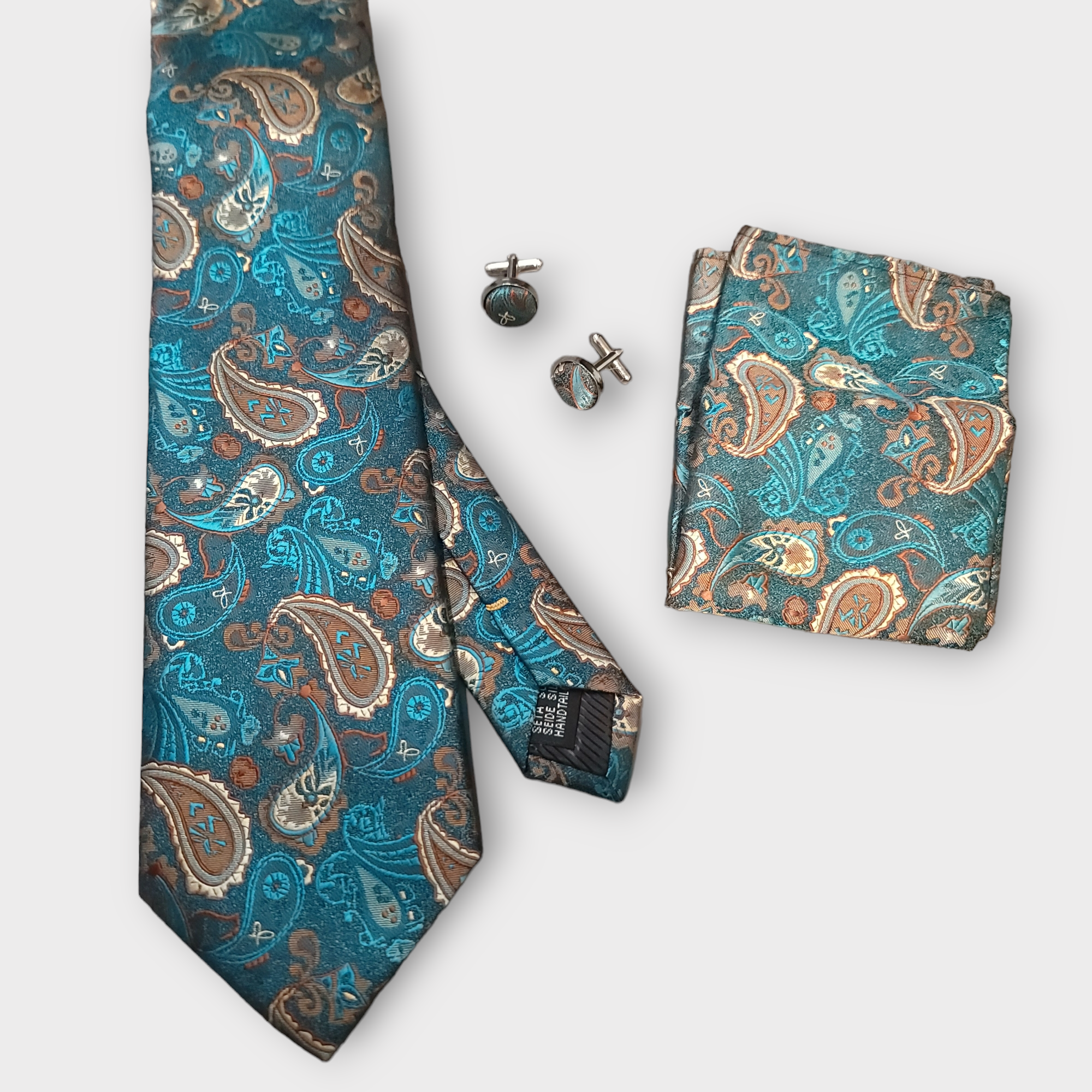 Classic Pocket Square Tie Green Brown Paisley 3.4" Silk