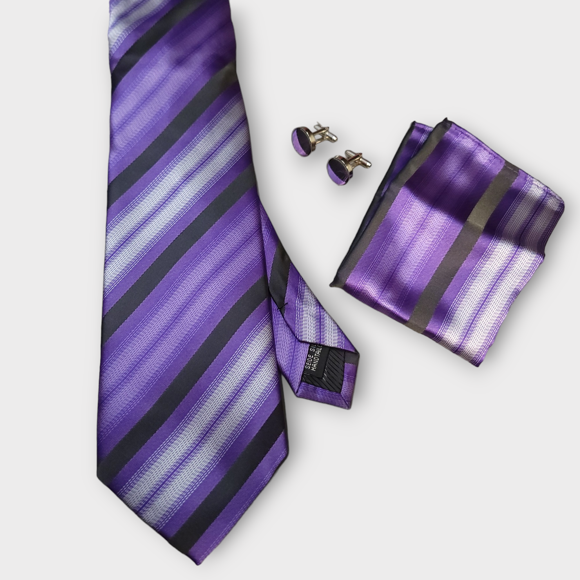 Black Purple Stripe Silk Tie Pocket Square Cufflink Set