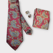 Burgundy Blue Paisley Silk Tie Pocket Square Cufflink Set
