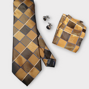 Black Brown Gold Plaid Silk Tie Pocket Square Cufflink Set