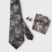 Black Blue Paisley Silk Tie Pocket Square Cufflink Set