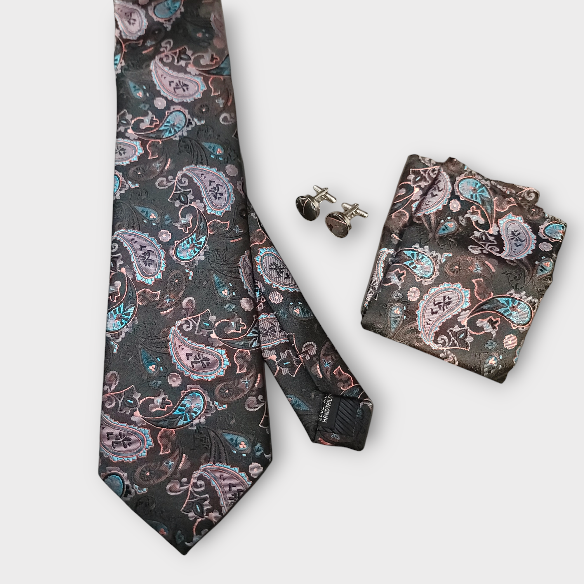 Black Blue Paisley Silk Tie Pocket Square Cufflink Set