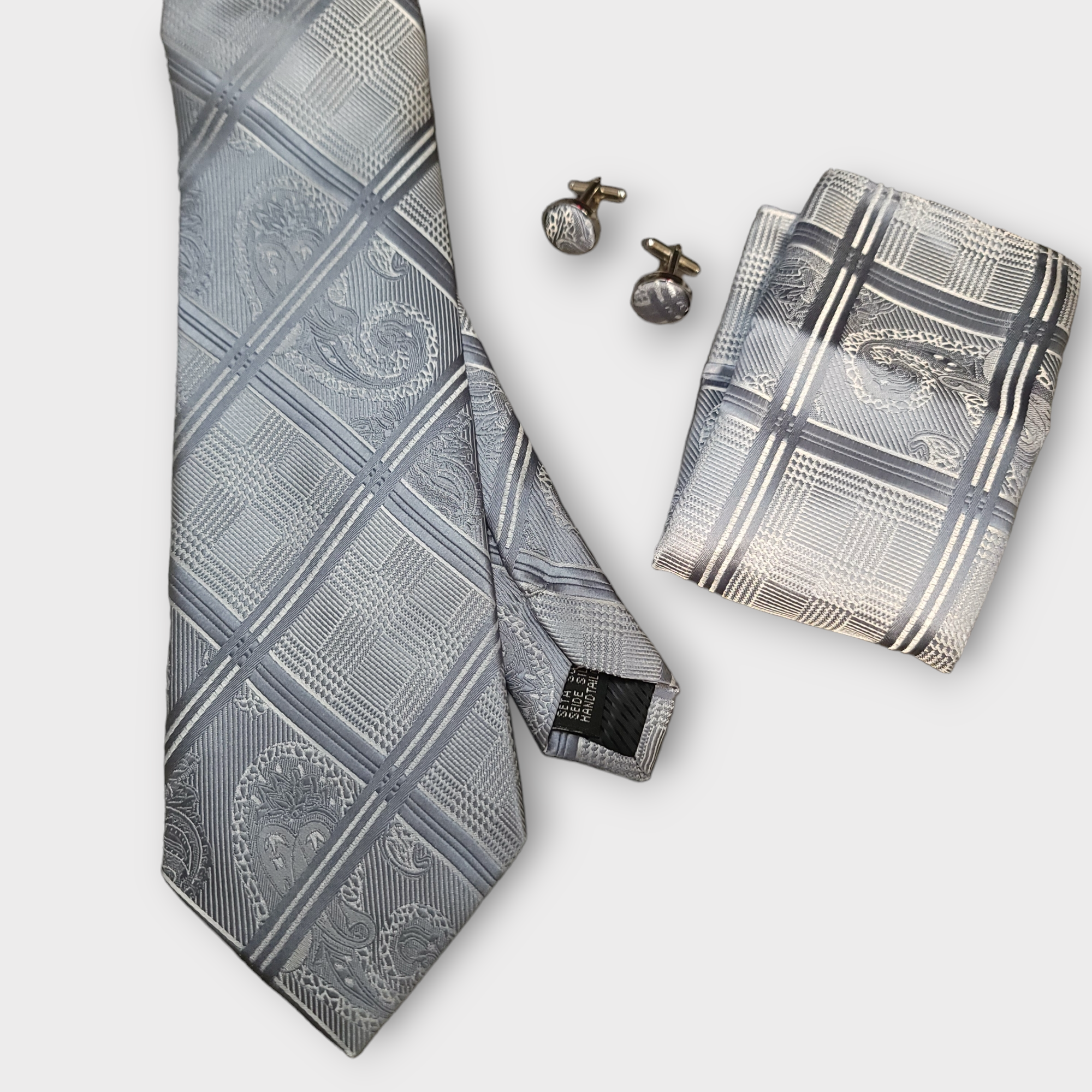 Plaid Gray Silver Silk Tie Pocket Square Cufflink Set