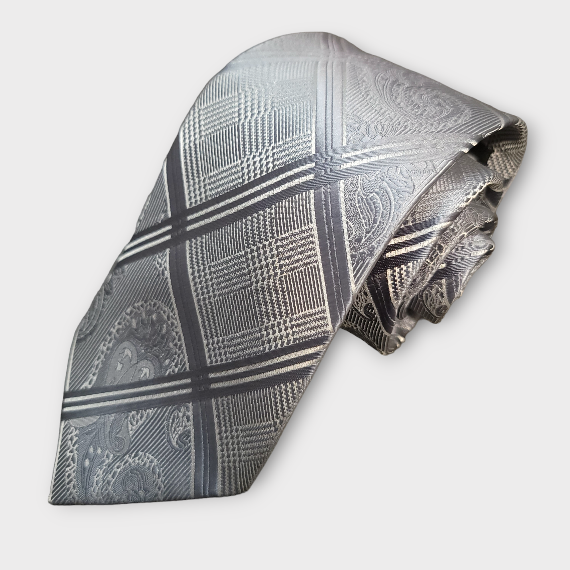 Plaid Gray Silver Silk Tie Pocket Square Cufflink Set