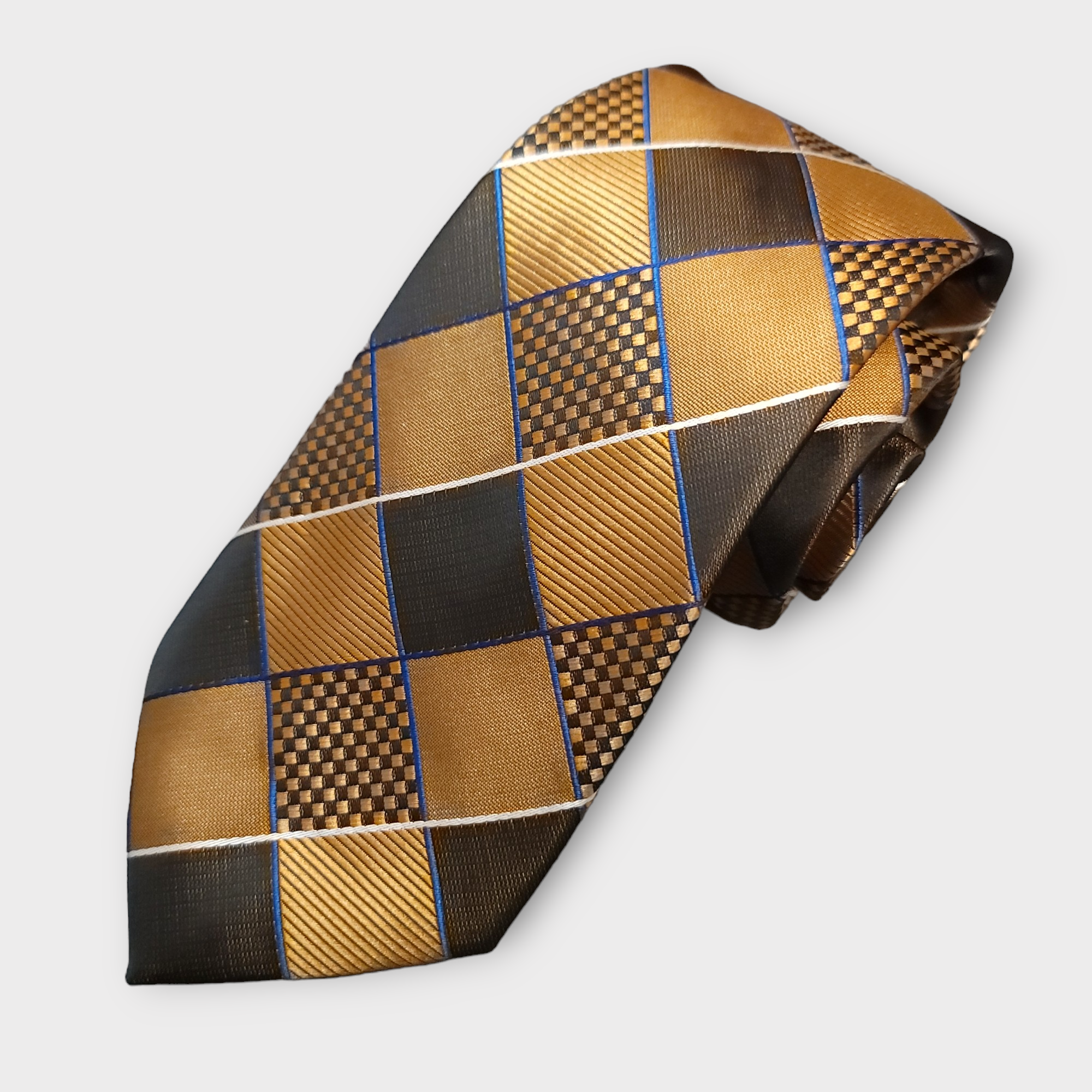 Black Brown Gold Plaid Silk Tie Pocket Square Cufflink Set