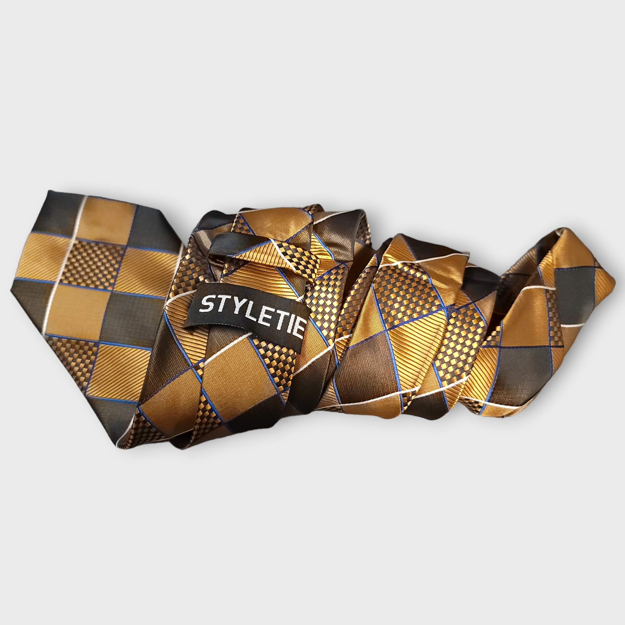 Black Brown Gold Plaid Silk Tie Pocket Square Cufflink Set