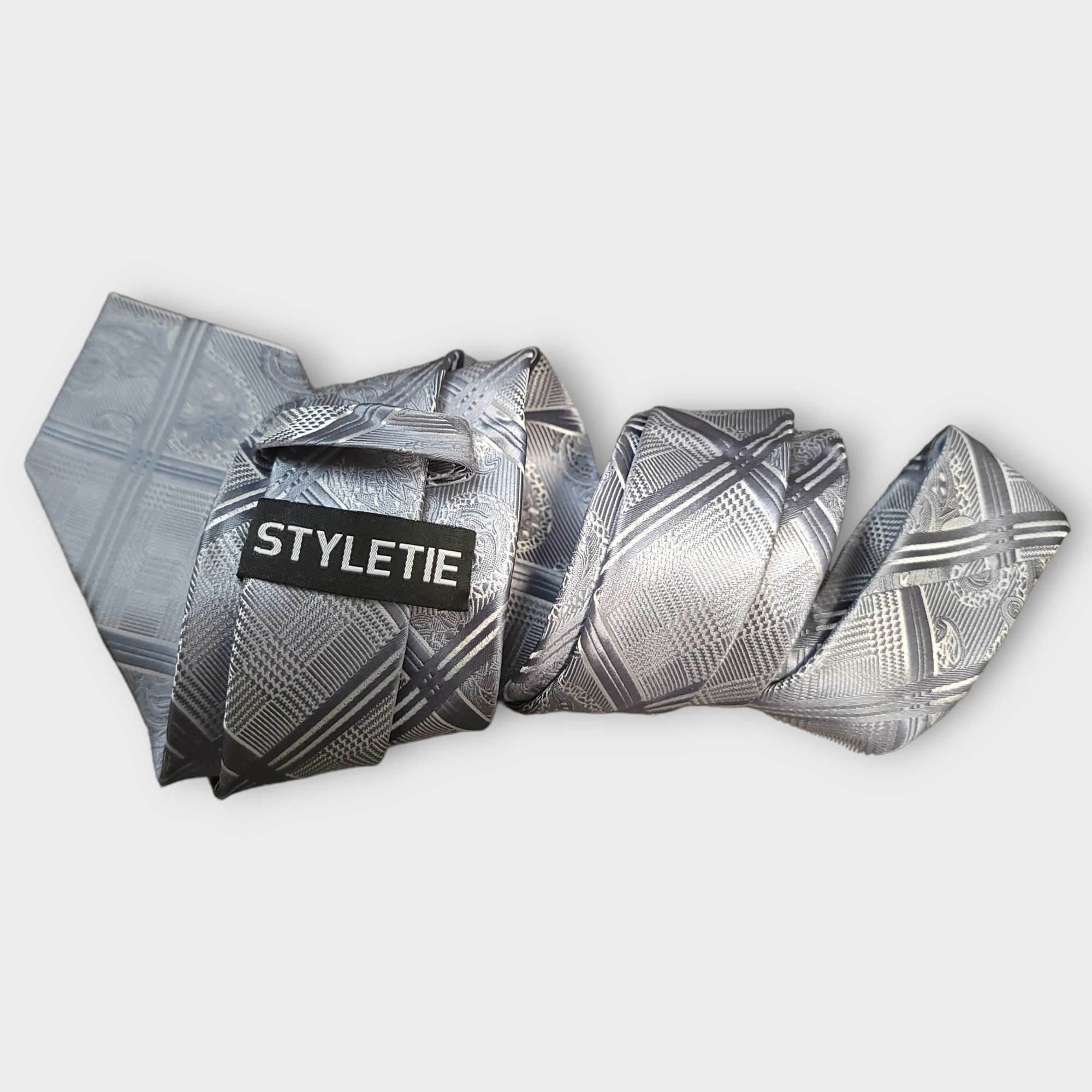 Plaid Gray Silver Silk Tie Pocket Square Cufflink Set