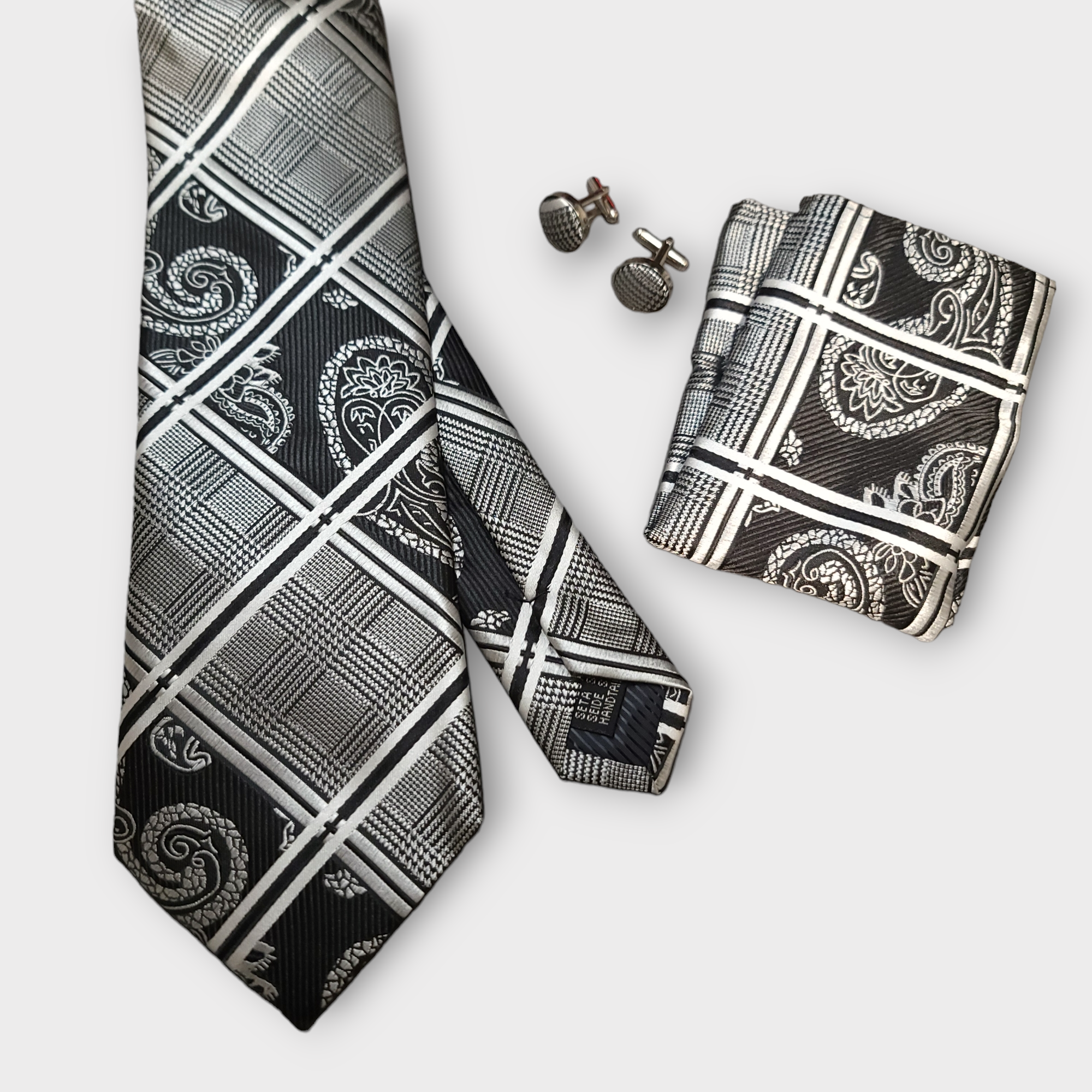 Black White Plaid Paisley Silk Tie Pocket Square Cufflink Set