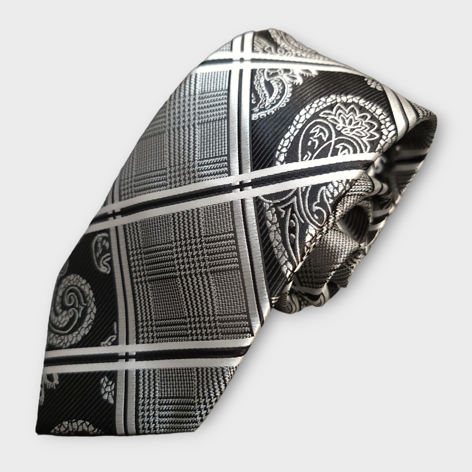 Black White Plaid Paisley Silk Tie Pocket Square Cufflink Set