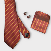 Red Gold Striped Silk Tie Set of Pocket Square and Cufflinks
