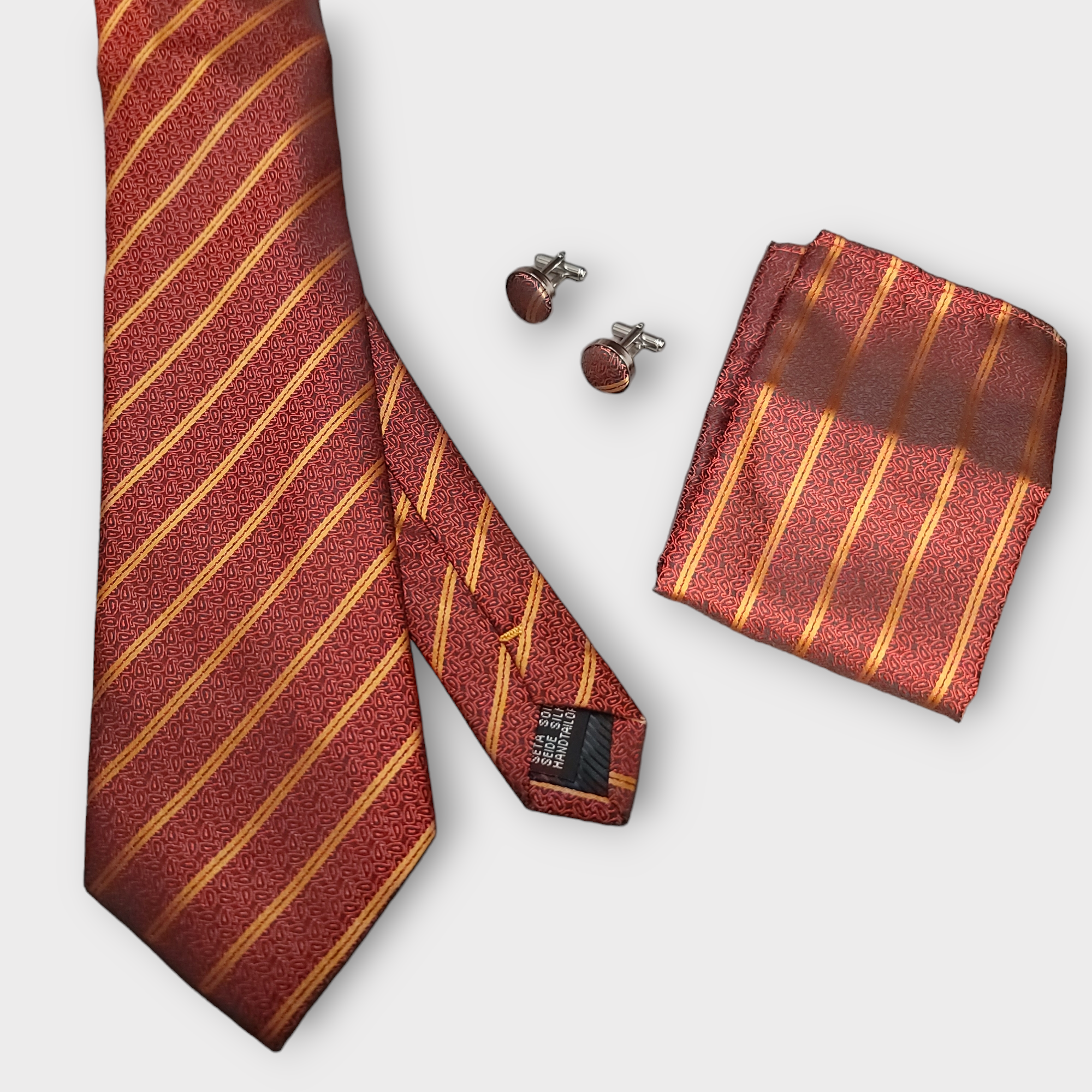 Red Gold Striped Silk Tie Set of Pocket Square and Cufflinks