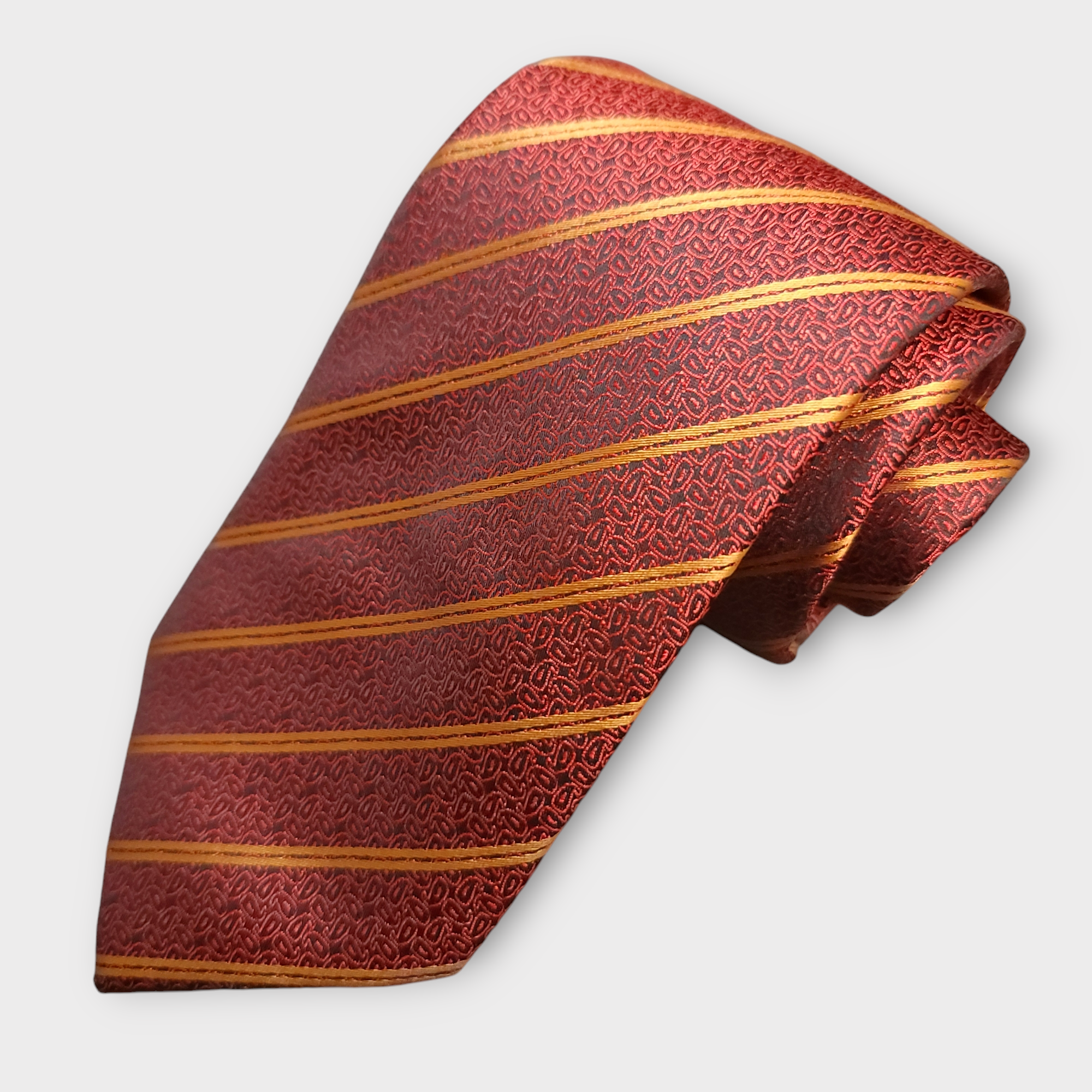 Red Gold Striped Silk Tie Set of Pocket Square and Cufflinks