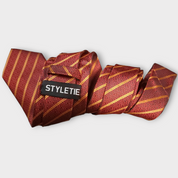 Red Gold Striped Silk Tie Set of Pocket Square and Cufflinks