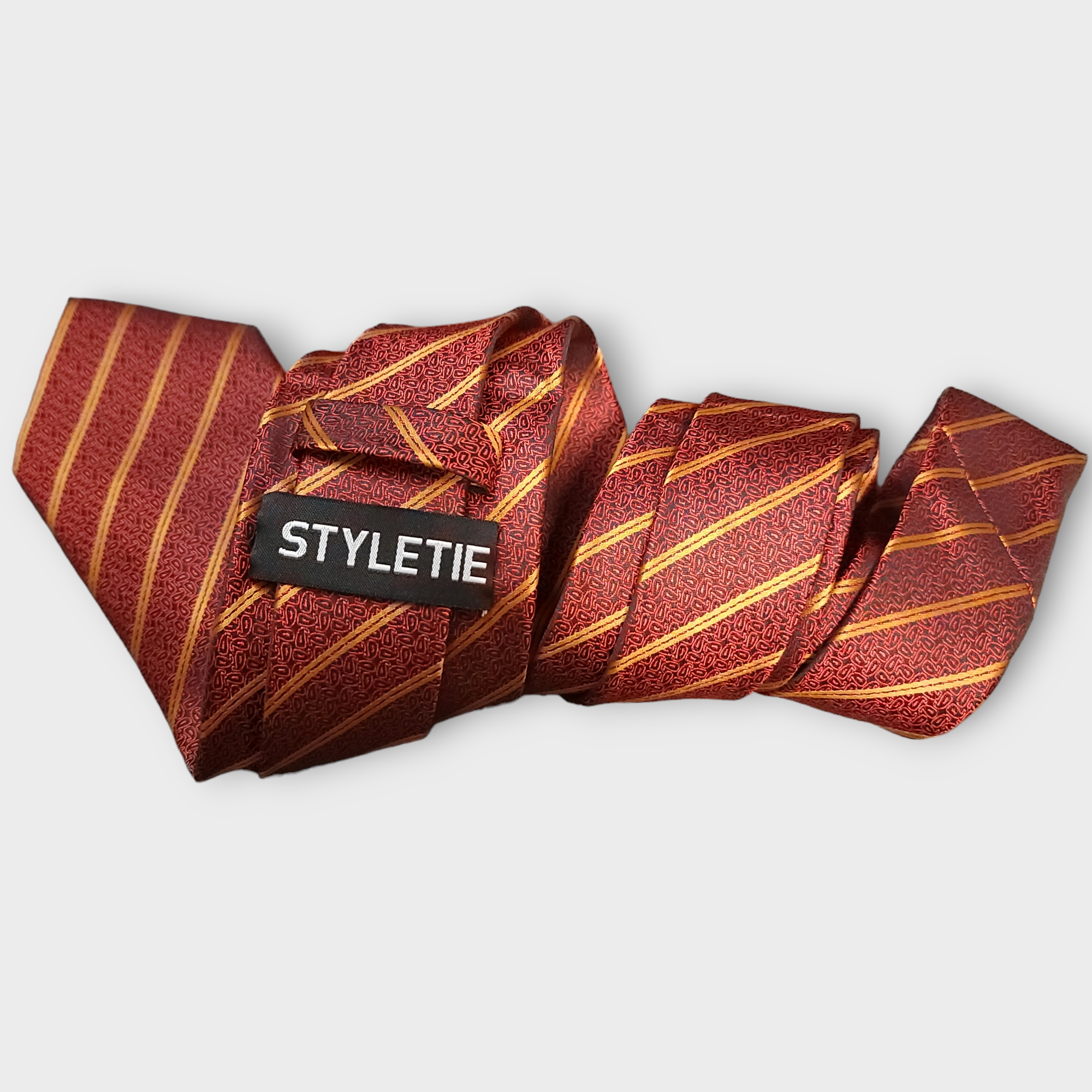 Red Gold Striped Silk Tie Set of Pocket Square and Cufflinks