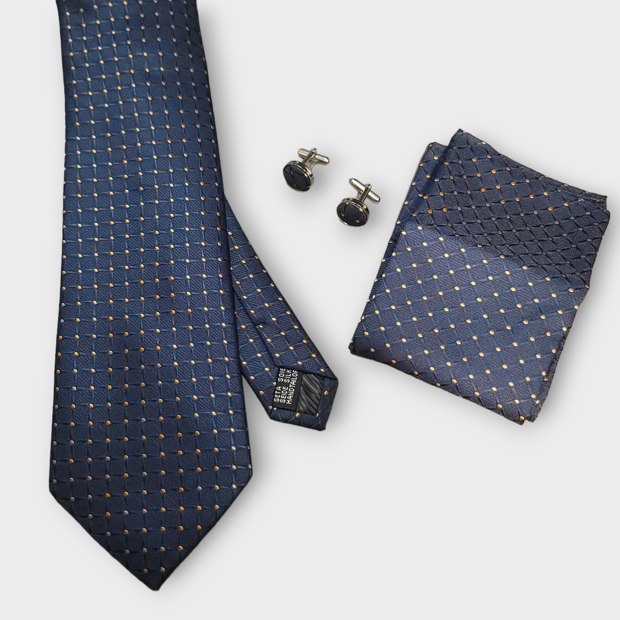 Blue Polka Dot Plaid Silk Tie Pocket Square Cufflinks Set