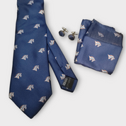 Navy Blue Horse Silk Tie Pocket Square Cufflink Set