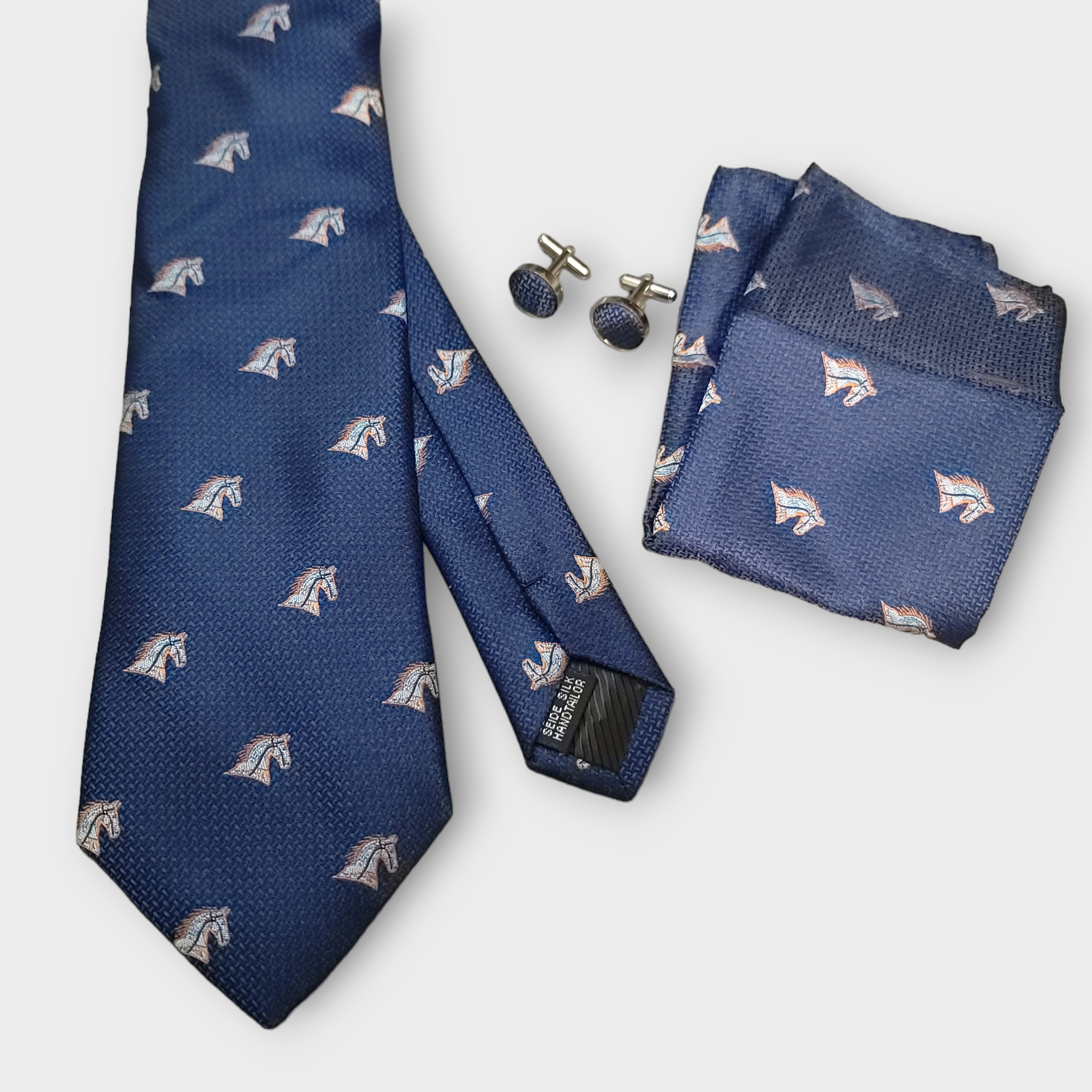 Navy Blue Horse Silk Tie Pocket Square Cufflink Set