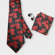 Black Red Floral Silk Tie Pocket Square Set