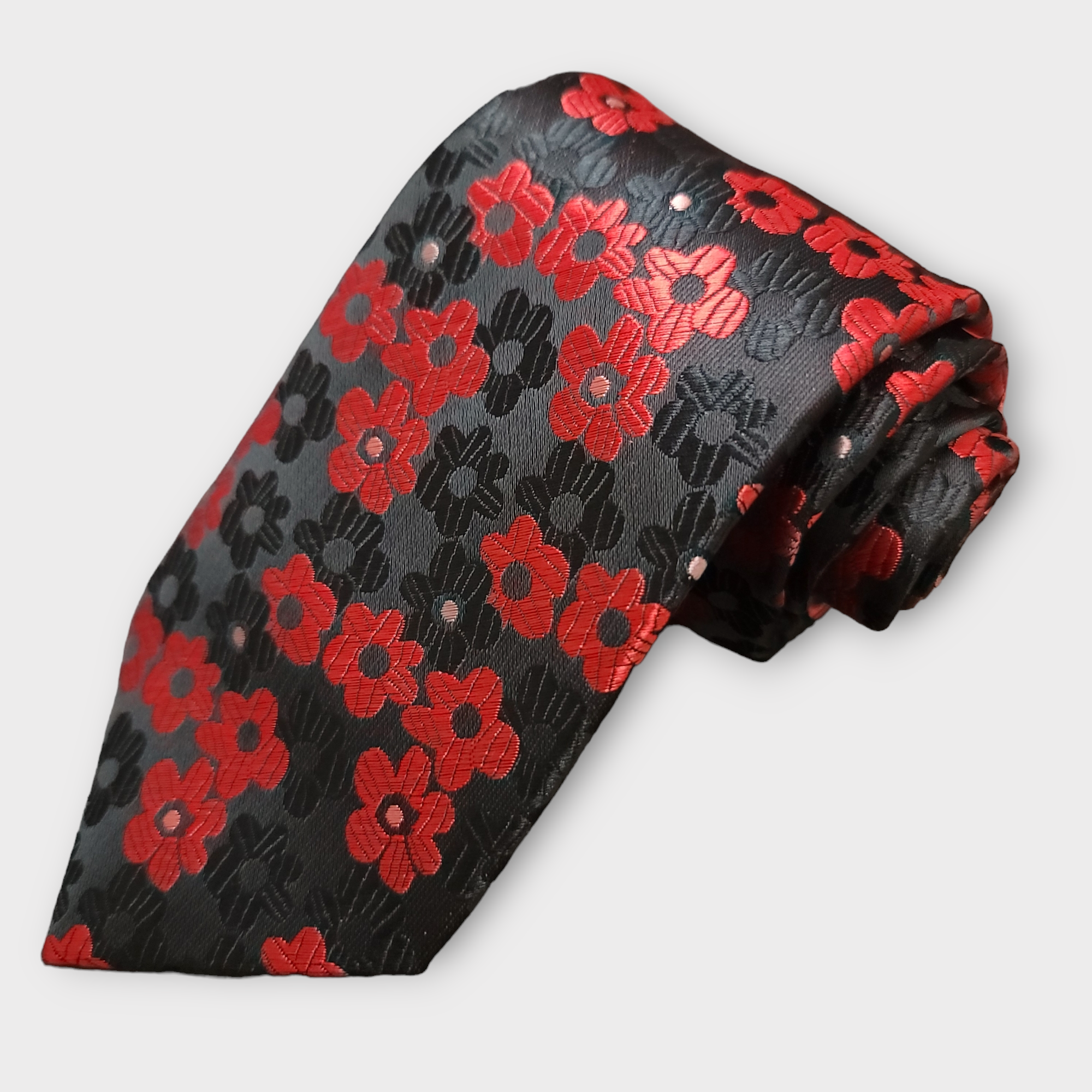 Black Red Floral Silk Tie Pocket Square Cufflink Set