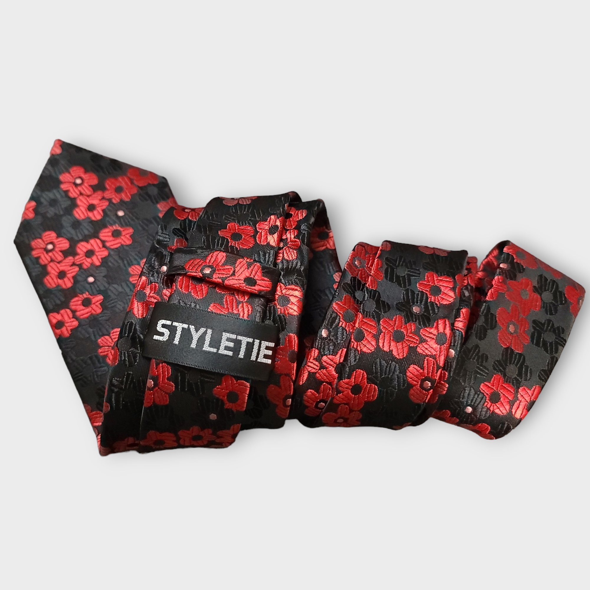 Black Red Floral Silk Tie Pocket Square Set