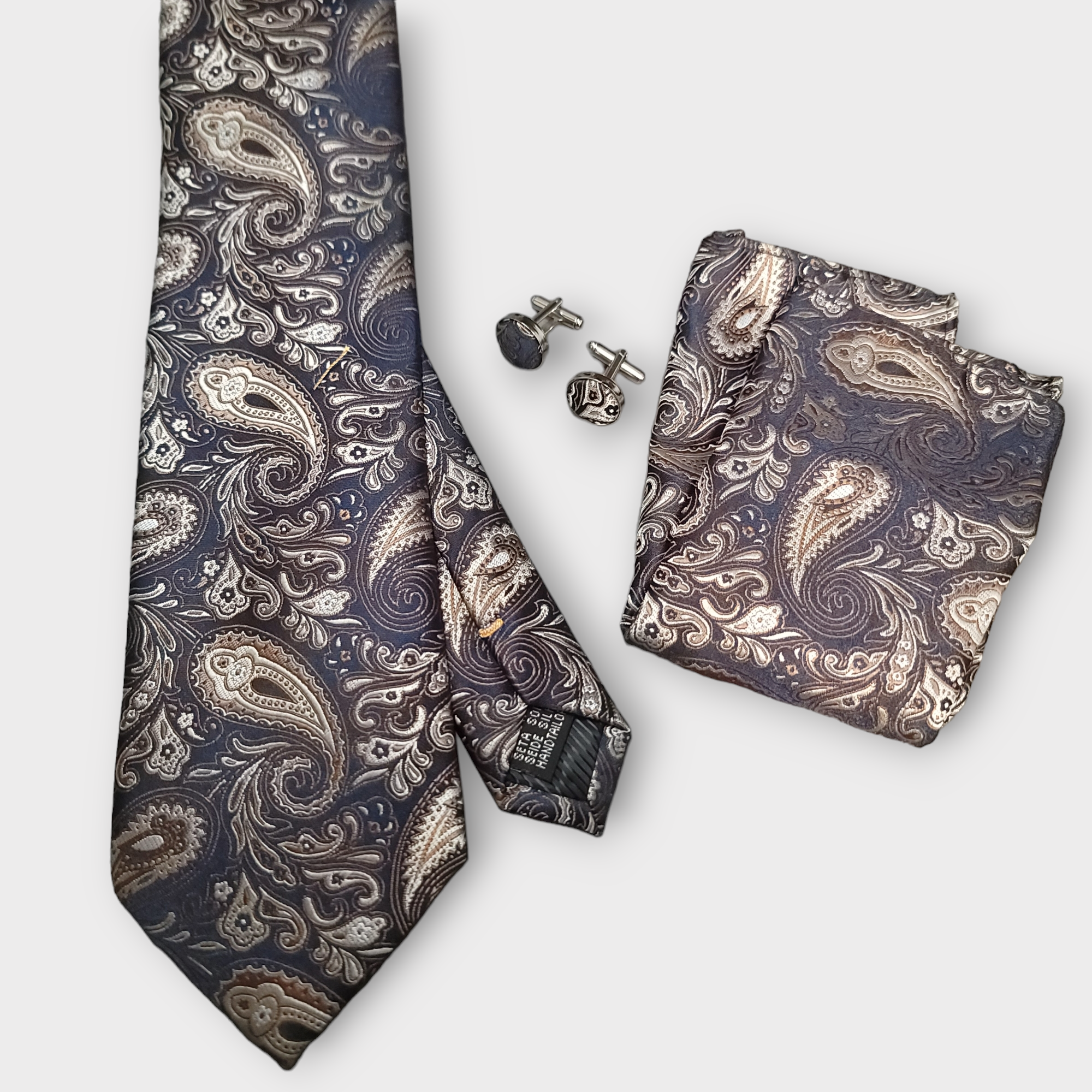 Gold Navy Blue Paisley Silk Tie Pocket Square Cufflink Set