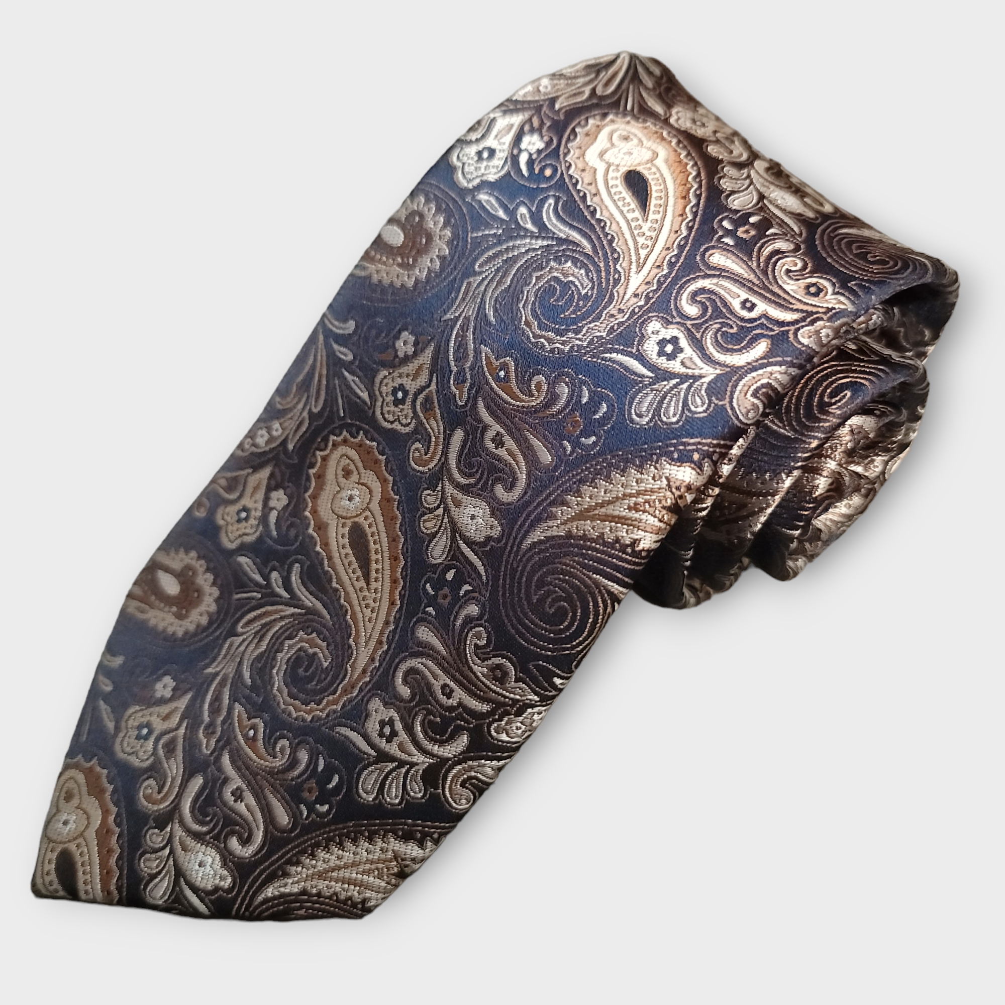 Gold Navy Blue Paisley Silk Tie Pocket Square Cufflink Set