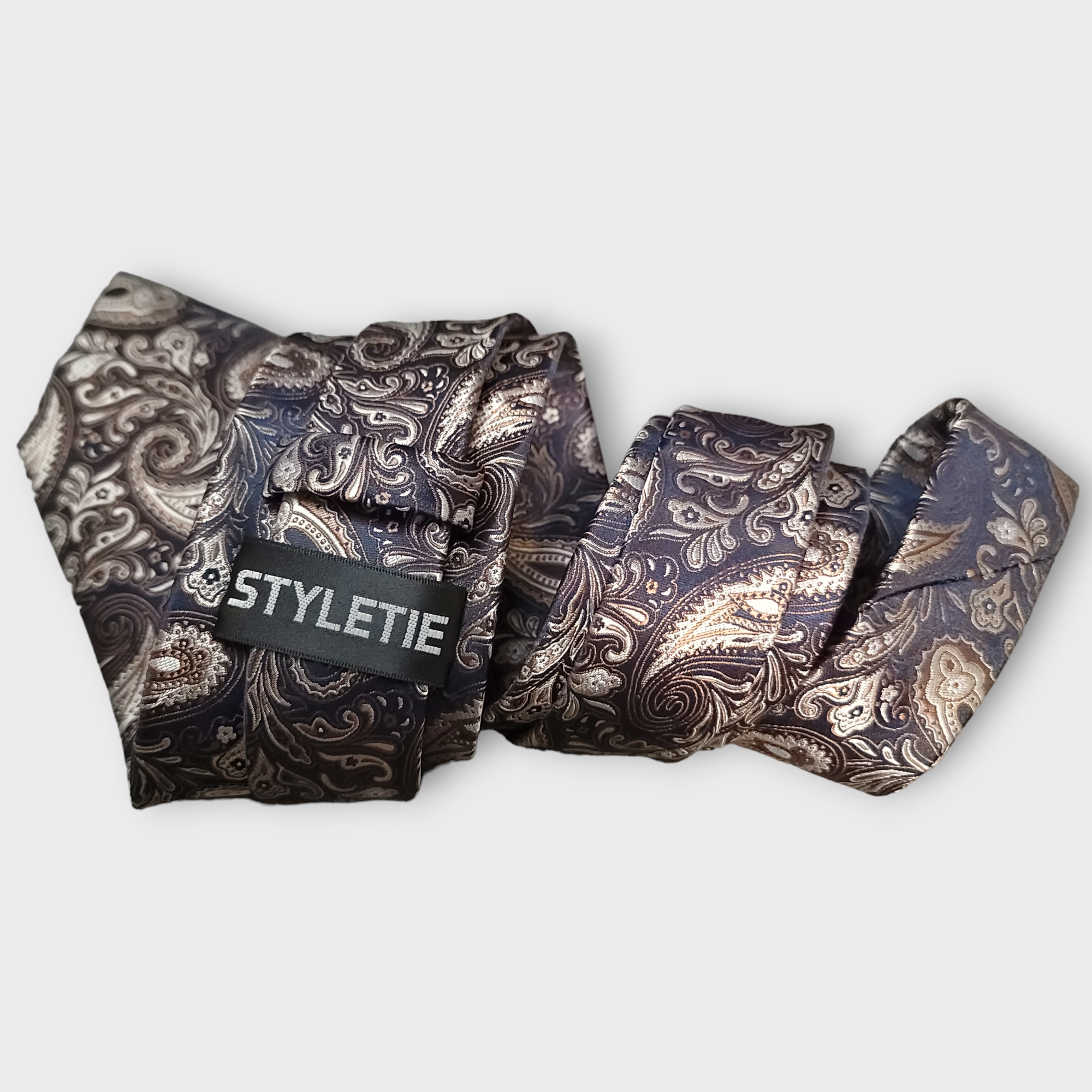 Gold Navy Blue Paisley Silk Tie Pocket Square Cufflink Set
